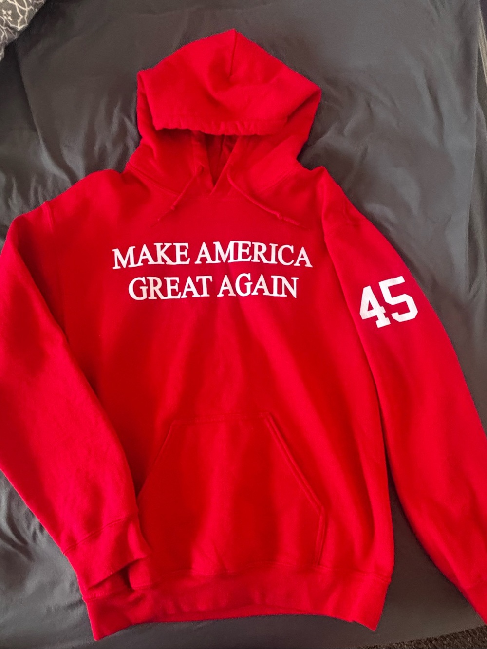 Red "Make America Great Again" Hoodie with 45 Sleeve Graphic